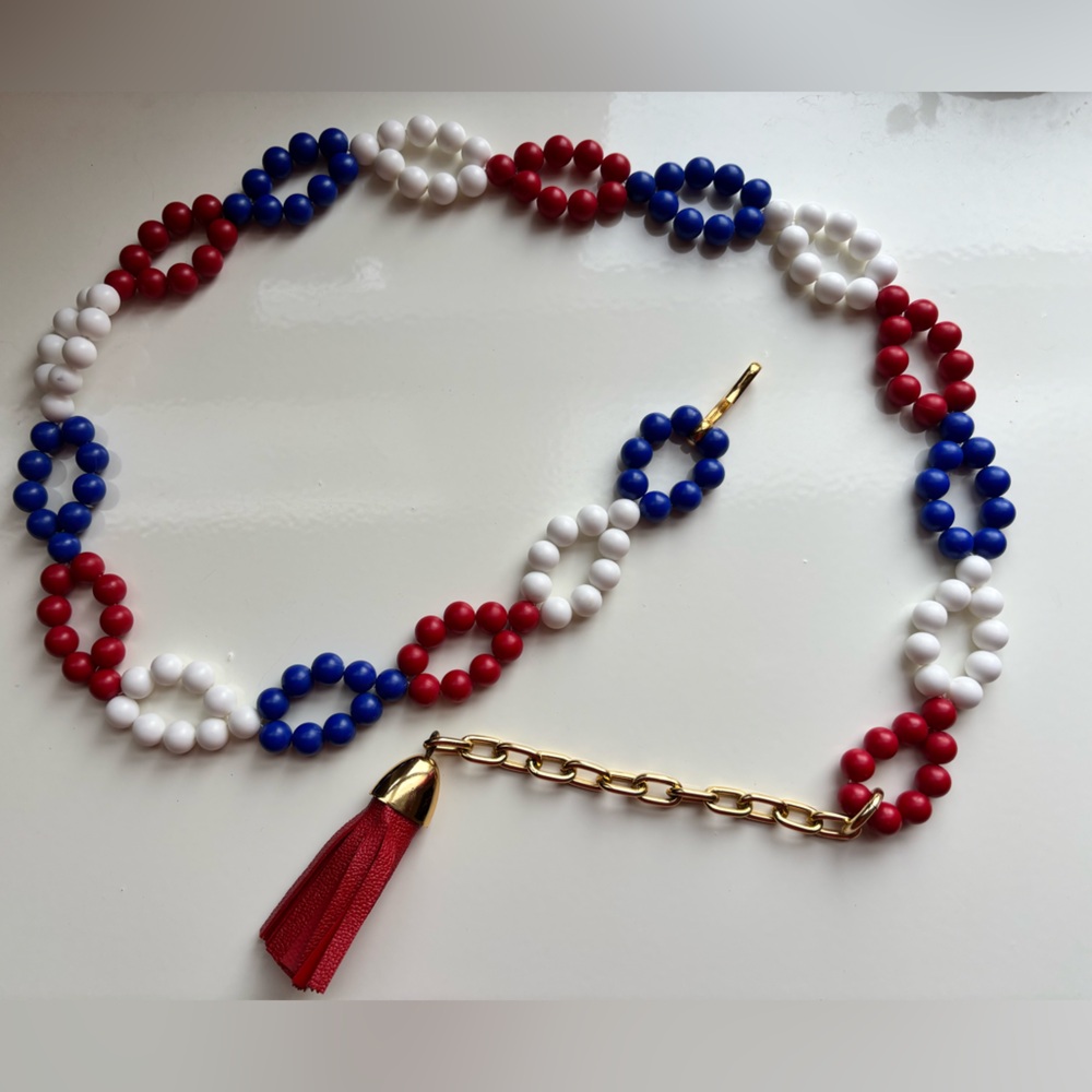 Vintage 60s BEADED BELT Gold Mod GoGo Red White Blue Plastic Beads Patriotic